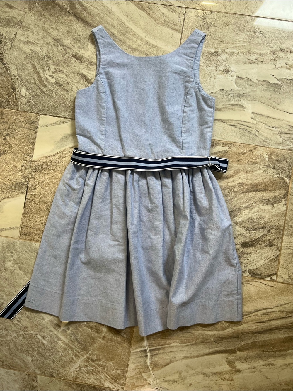 Light Blue Girls' Sleeveless Dress with Striped Waist Tie Ralph Lauren